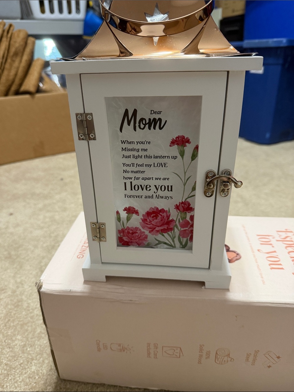 White 'Dear Mom' Floral Lantern with Rose Gold Top